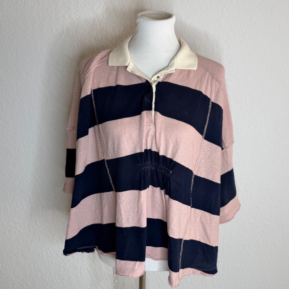 We The Free Rugby Top CropWomen XS Pink Navy Striped Oversized Waffle Knit